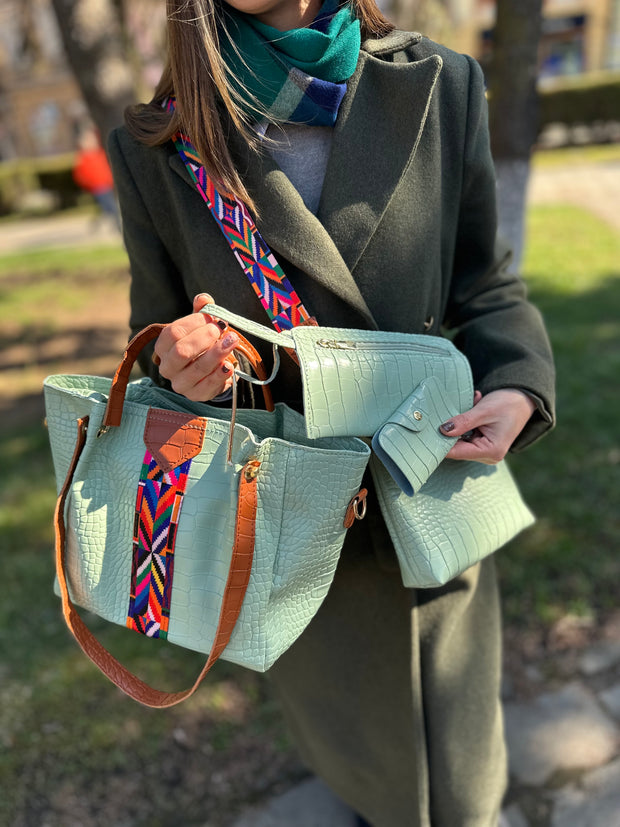 Σετ γυναικεία κροκοδείλια τσάντα Katia green 4 σε 1